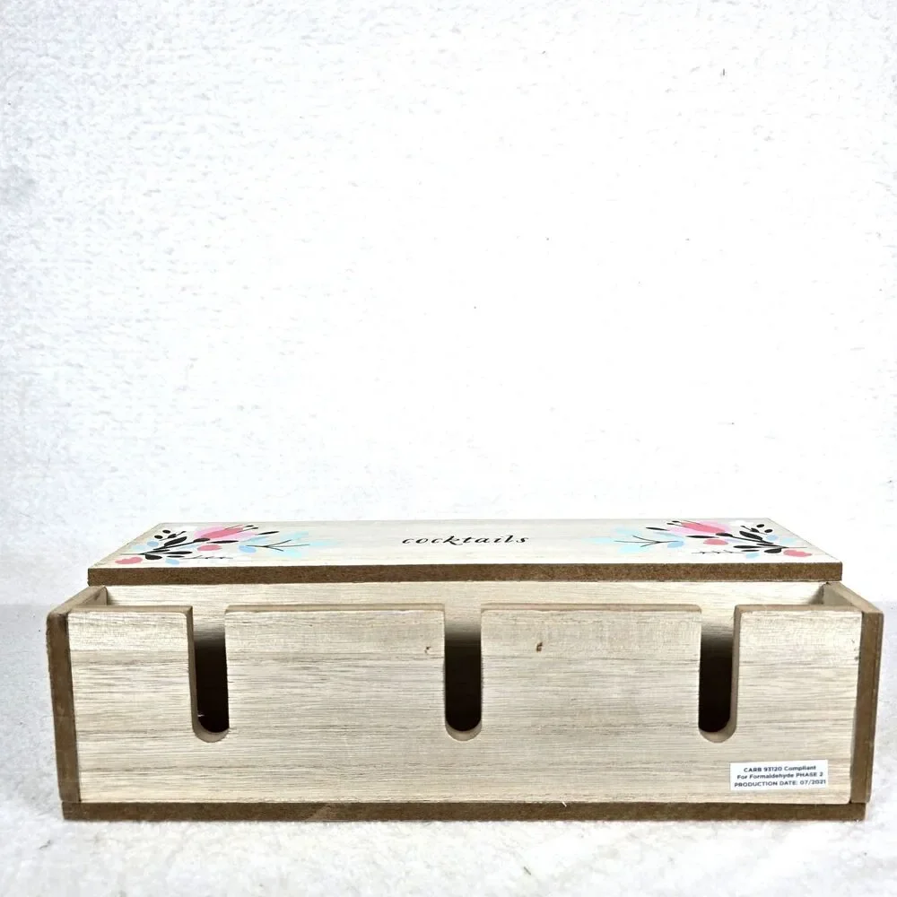 Wooden 4-Bottle Wine Rack Holder w/ Handle Farmhouse Floral Design Philosophy